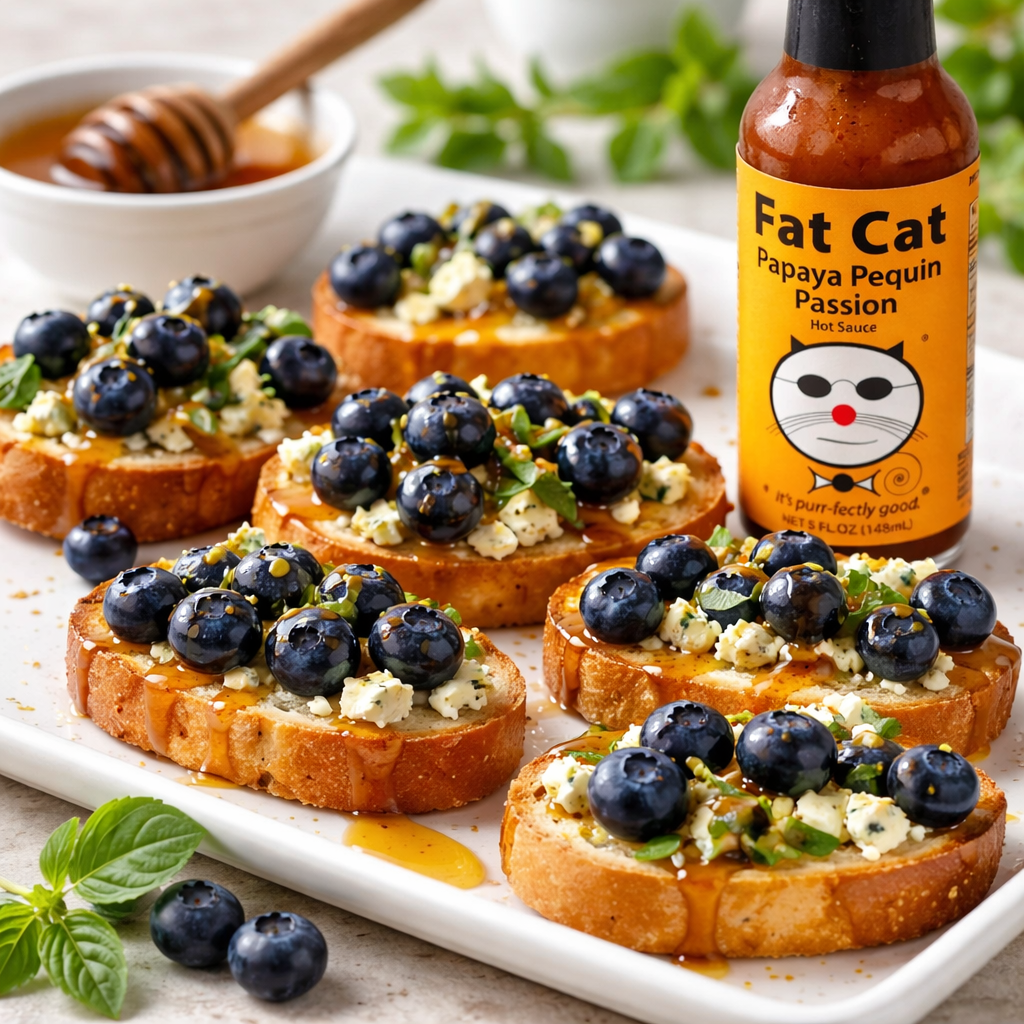 Blueberry, Blue Cheese & Basil Crostini with Honey & Papaya Pequin Passion Hot Sauce