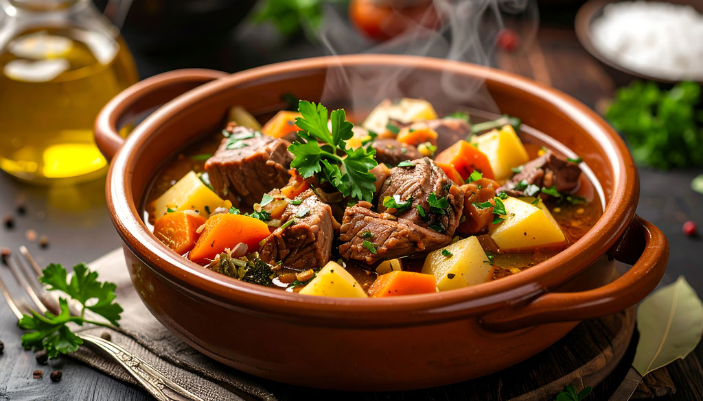 Bowl of spicy smoky beef stew made with ghost pepper hot sauce