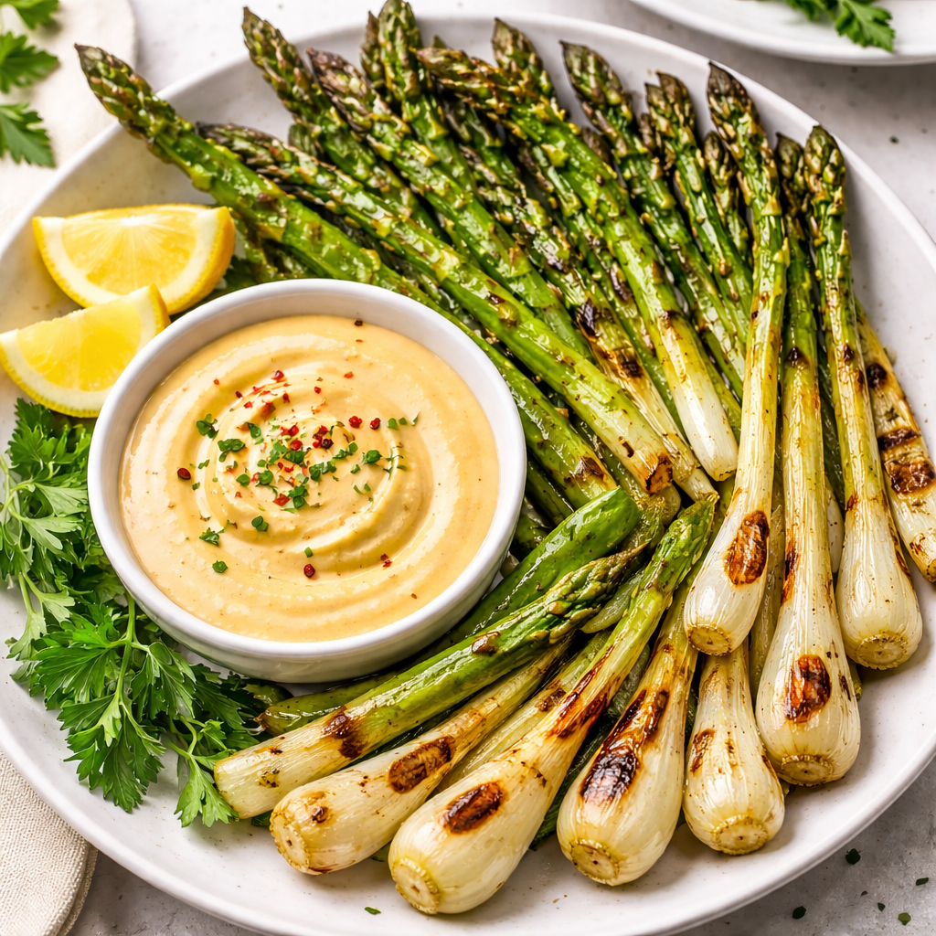 Grilled Spring Vegetables with Spicy Smoky Lemon Mayo
