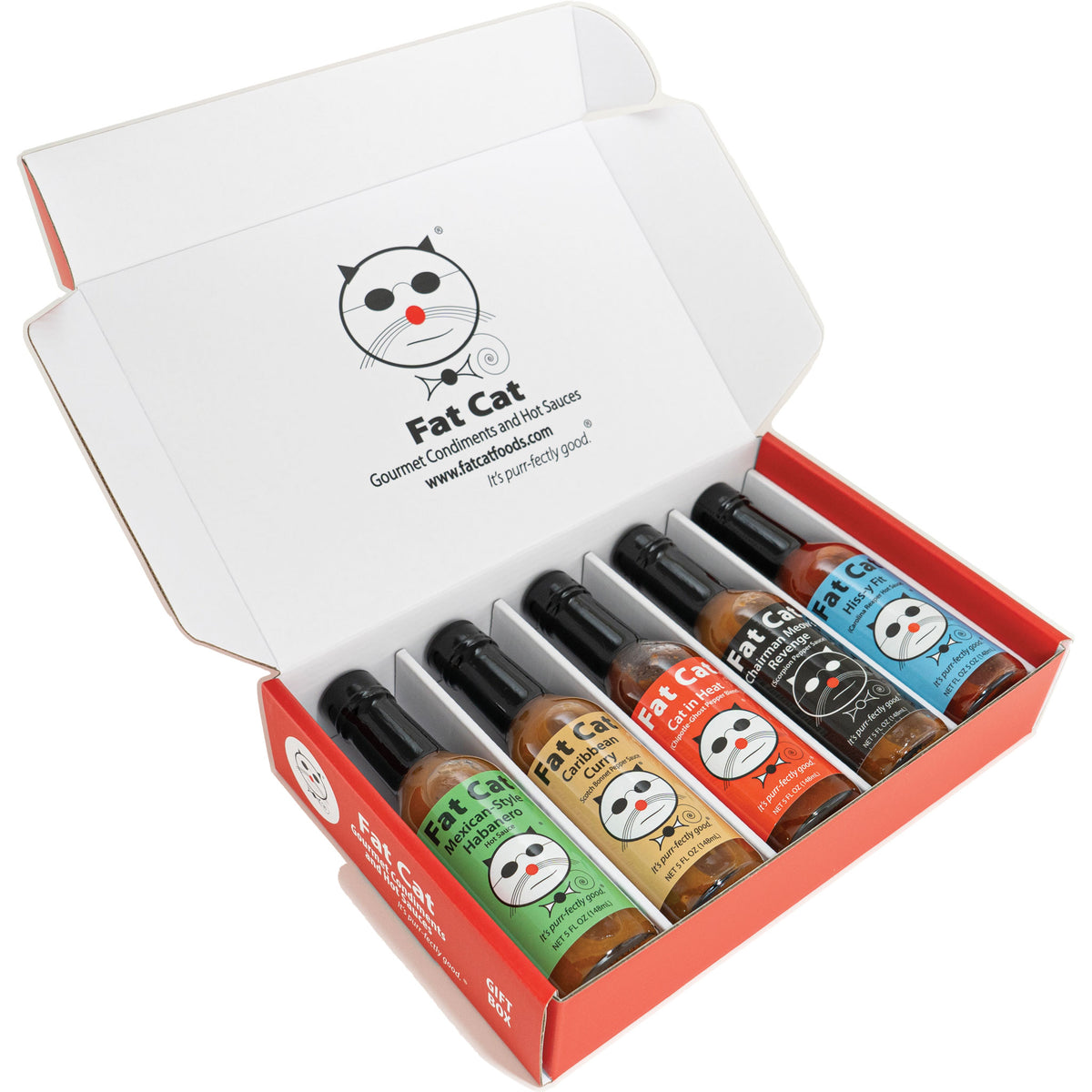 Heat Lovers 5 Bottle Hot Sauce Gift Box - Fat Cat Gourmet Hot Sauce & Specialty Condiments