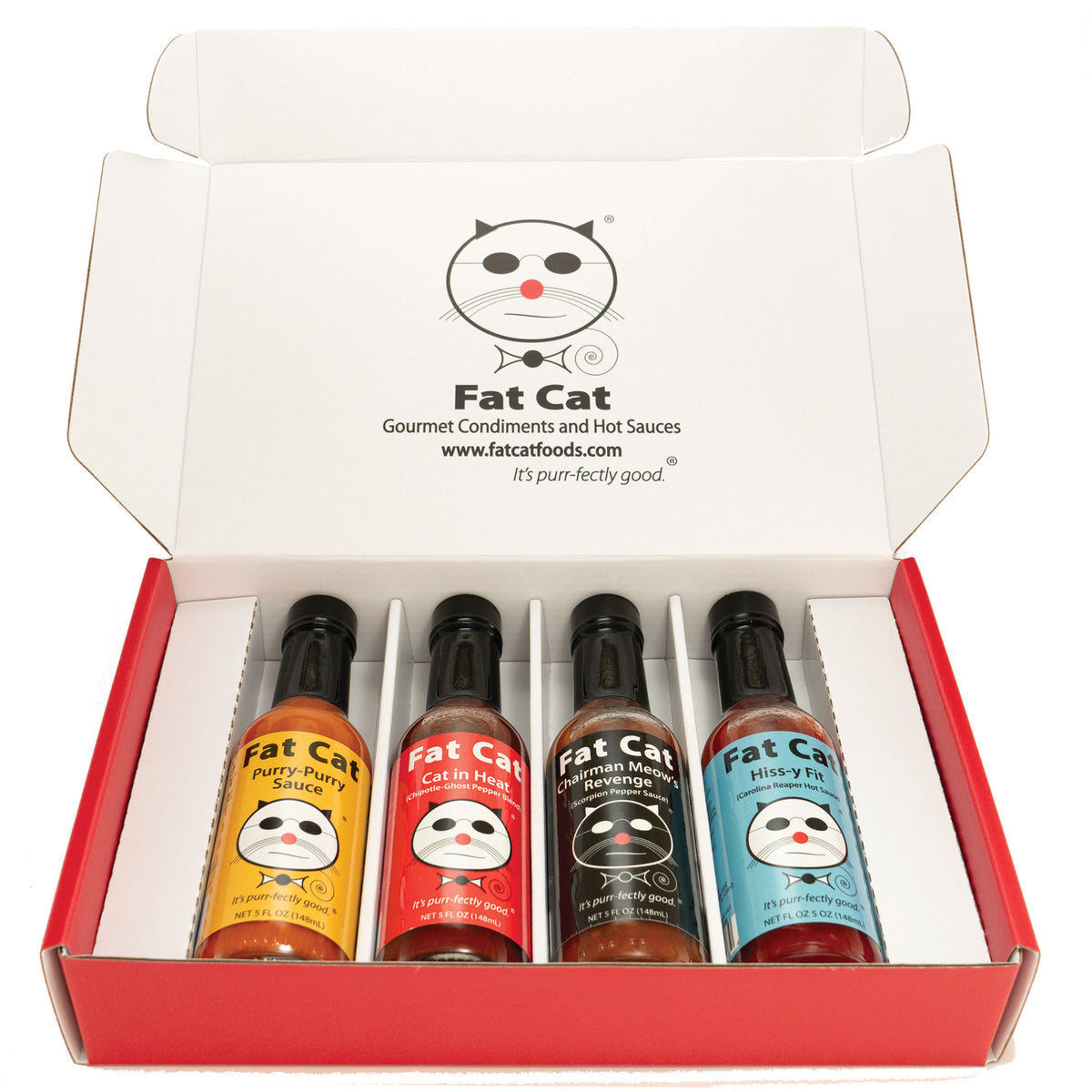 Funny Cat Name 4 Bottle Hot Sauce Gift Box - Fat Cat Gourmet Hot Sauce & Specialty Condiments